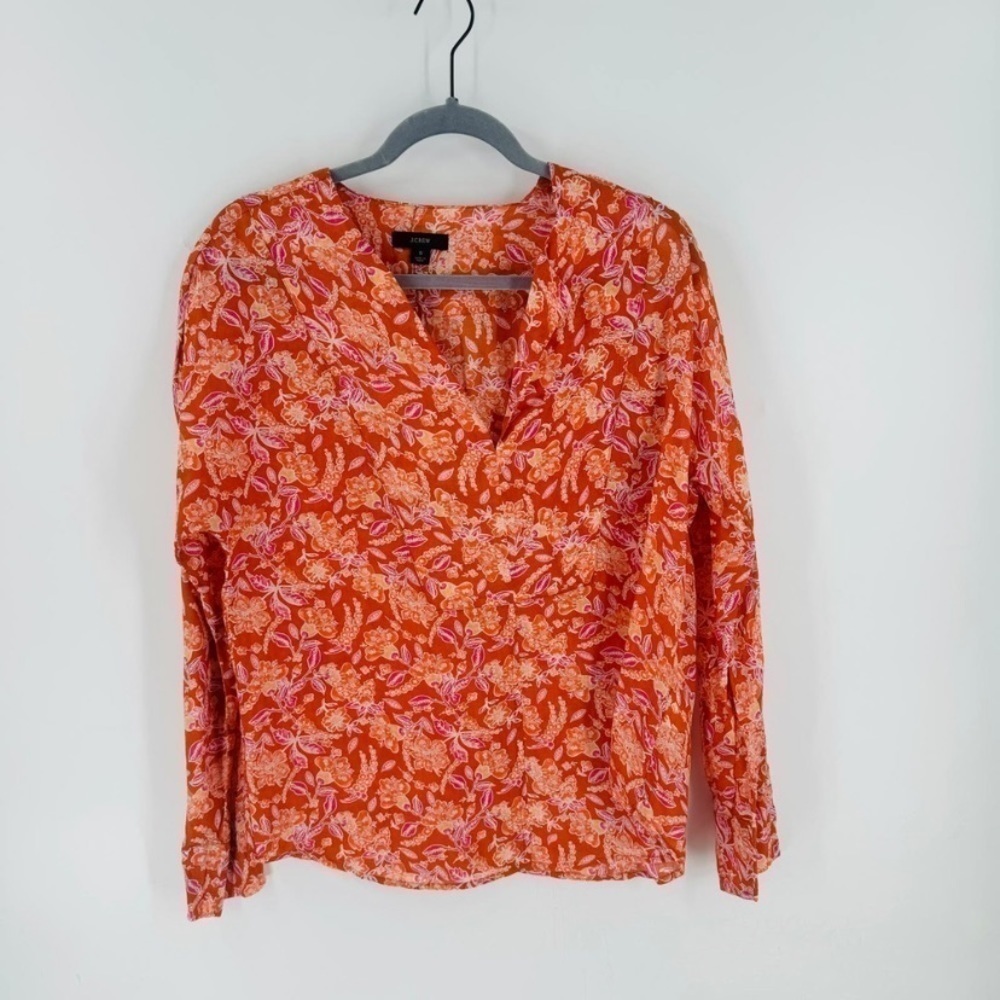J.Crew Orange Floral Tunic Top Size S Boho Lightweight Long Sleeve - Picture 7 of 9